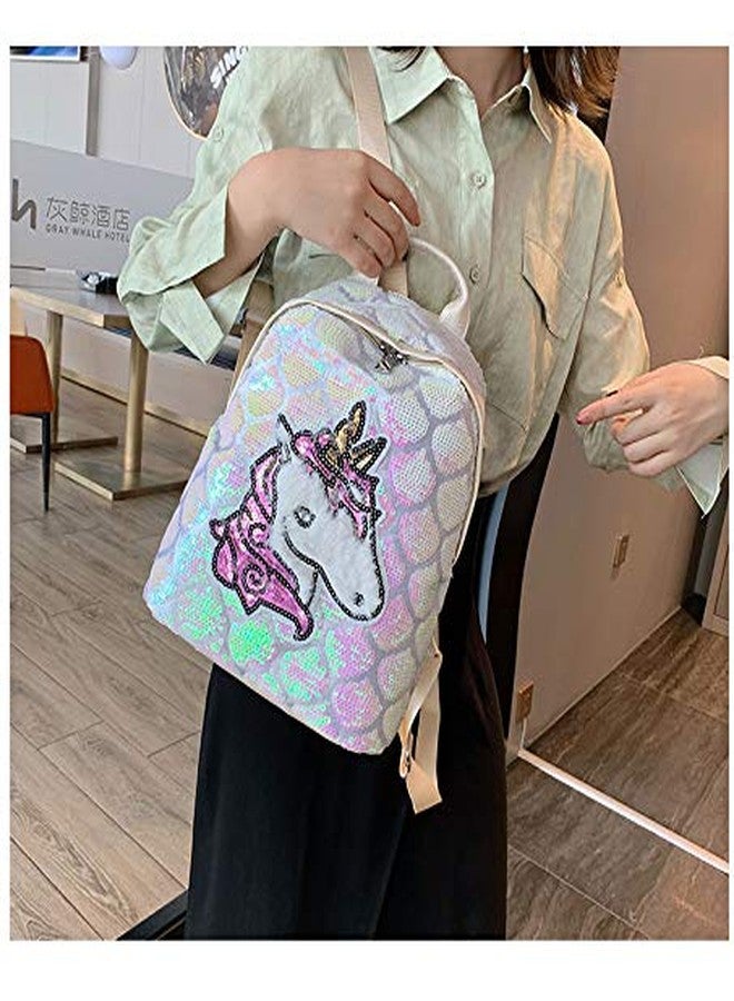 موكا حقيبة ظهر مزينة بالترتر بتصميم حورية البحر وحيد القرن، حقيبة ظهر يومية للبنات الصغيرات، حقيبة ظهر كبيرة مزينة بالترتر للسفر والنزهات الخارجية والمدرسة والجامعة والحفلات (أبيض) - Image 3